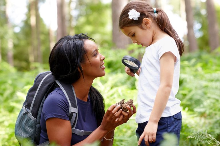 A woman and young girl examining a pinecone in a first.